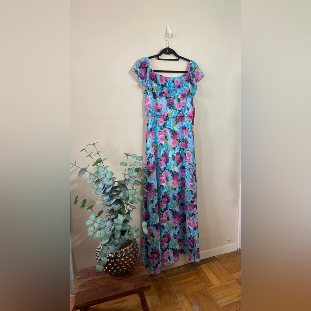 Betsey Johnson Floral Maxi Dress Off Shoulder Blue Pink Roses Malibu Print NWT 8